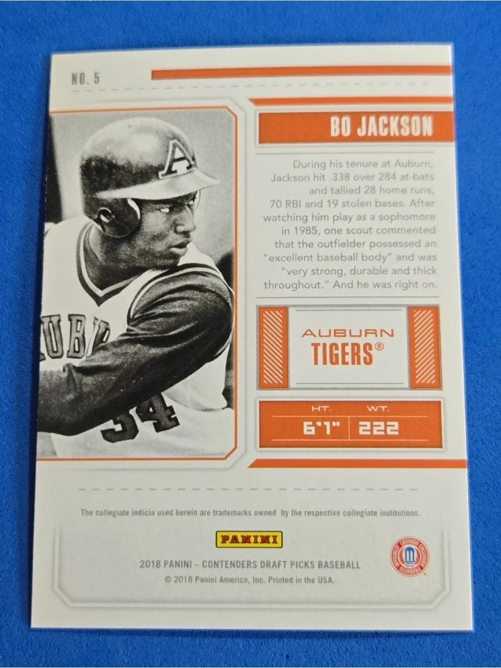 BO JACKSON 2018 Panini Contenders Draft Picks #5 Baseball Card (Excellent Shape)
